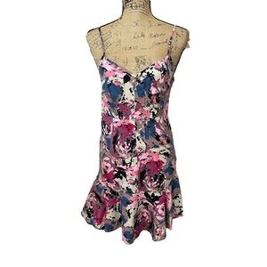 URBAN Outfitters Pink Retro Floral Print Fitted Dress with Ruffled Bottom